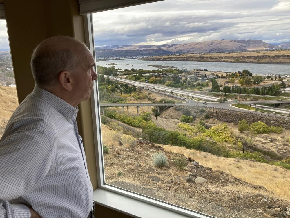Dalles Mayor Richard Mays looks town and Columbia River